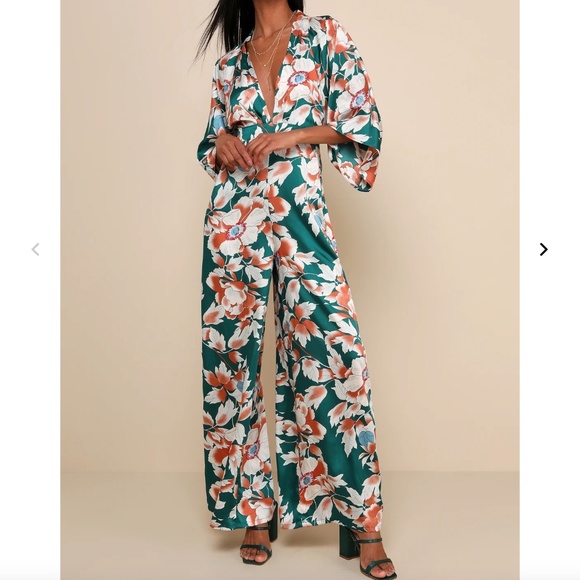 Lulu's Pants - Lulus From Sunrise Teal Floral Print Bell Sleeve Wide-Leg Jumpsuit